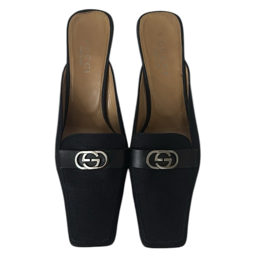 Gucci Black Linen and Leather Mules